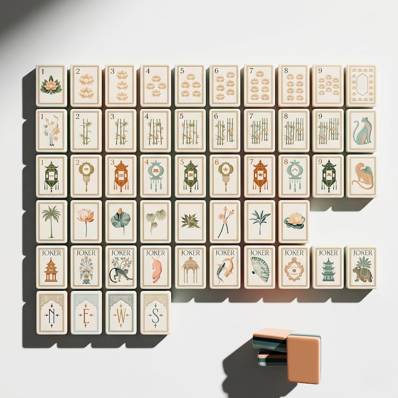 May include: A set of rectangular mahjong tiles featuring cream-colored faces with intricate illustrations of lotus flowers, bamboo stalks, lanterns, and various animals. The tiles include numbered suits, joker tiles with unique designs, and directional tiles.