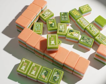 Mahjong Set Retro Botanical | Olive Green Art Deco Tiles | Peach Orange Back | Complete 160 Piece American Mah Jongg