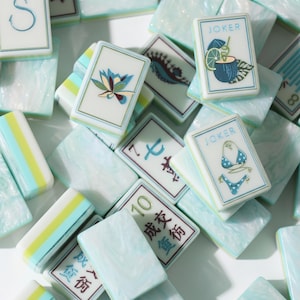 May include: A collection of rectangular mahjong tiles featuring a marbled light blue and white finish. The tiles display various illustrations including a lotus flower, a coconut drink, a bikini, and Chinese characters, all framed with thin borders.
