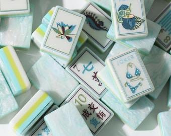 Mahjong Set American Style | 160 Pearl Aqua Acrylic Tiles | Tropical Ocean Design | Summer Gift