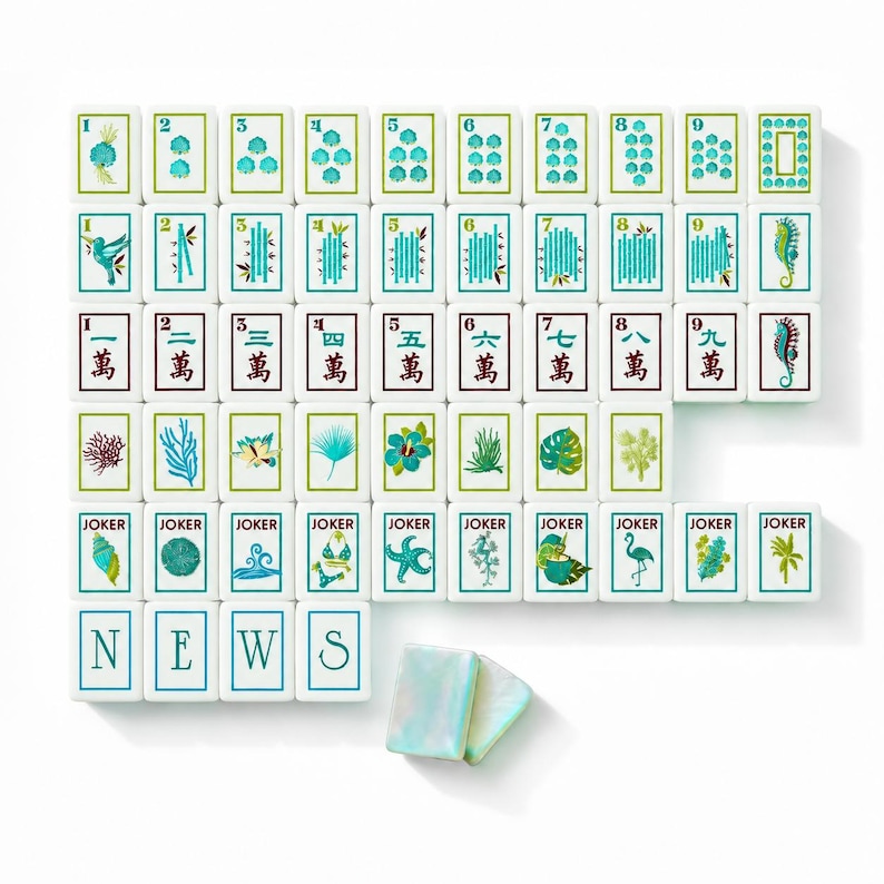 May include: A set of white mahjong tiles featuring teal and brown illustrations of marine life, tropical plants, bamboo, and Chinese characters. The tiles include numbered suits, joker tiles with various icons, and tiles spelling the word NEWS.