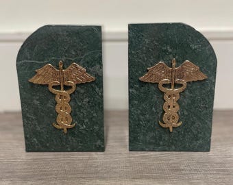 Vintage Green Marble Bookend Set with Brass Medical Caduceus (Rod and Serpent) Symbol
