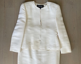 Vintage Linda Allard Ellen Tracy Cream Rayon/Cotton Tweed Skirt Suit | Cream Textured Collarless Blazer Jacket & Pencil Skirt Set - Size 10