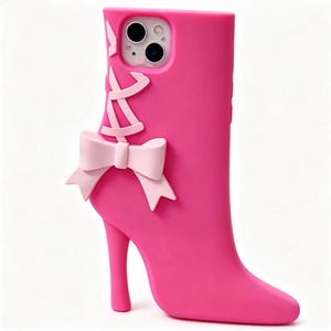 Puede incluir: Una funda para smartphone de color rosa brillante con forma de bota de tacón alto. La funda presenta un lazo rosa claro sujeto en el lateral, con detalles decorativos de cordones sobre el lazo. La abertura de la cámara está en la parte superior.