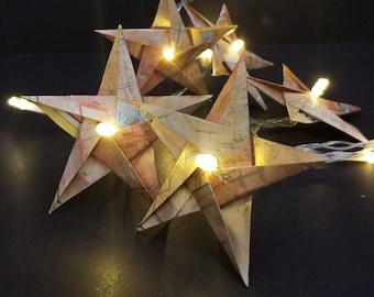 Map Paper Origami Star Lights Garland - 6 Foot Strand of LED Lights on Timer w 10 Recycled Map Paper Star Ornaments