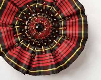 Red Tartan Flower Embroidery Hoop Art w Beaded Ribbon Rosette - 5" Round Embroidered Wall Art