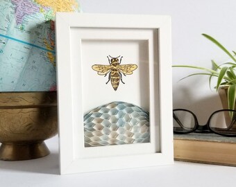 Framed Gold Bee Art w Paper Beehive - 6x8" Shadow Box Frame - Mixed Media Map Paper Art - Queen Bee of the World
