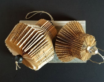 Folded Book Paper Sculpture - Hanging Book Paper Cog Pendant - Geometric Ornament - Recycled Book Paper Art