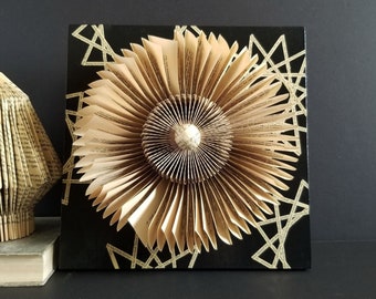 Folded Book Paper Wall Sculpture - Paper Collage Art on 10x10" Birch Plywood Panel - Paper Cogs Panel No1