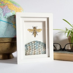 Framed Gold Bee Art w Paper Beehive - 6x8" Shadow Box Frame - Mixed Media Map Paper Art - Queen Bee of the World