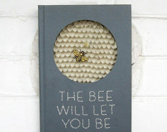 Bee Honeycomb Book Paper Sculpture - Recycled Book Art Collage w Embroidered Quote