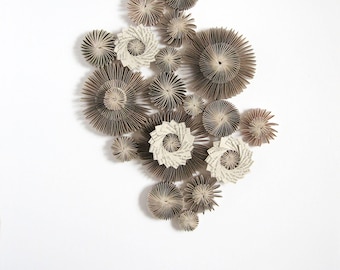Recycled Book Paper Cogs Sculpture - Grey Modern Art Installation - Paper Star Constellation Wall Appliques