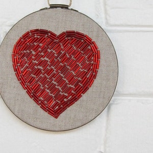 Beaded Red Heart Embroidery Hoop Wall Art Hand Stitched Embroidered Fiber Art Love Wall Decor image 9