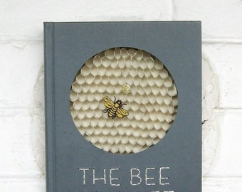 Bee Honeycomb Book Paper Sculpture - Recycled Book Art w Embroidered Quote - Gold Paper Collage - The Bee will let you Be