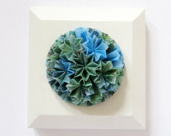 Blue Paper Globe Wall Sculpture - 5x5" Square Art Tile - Origami Panel No10c - The Blue Planet - Map Paper Collage