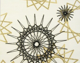 Star Constellation - Embroidered Book Paper Collage w String Art - 10x10" Mixed Media Black and White Geometric Art