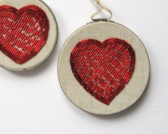 Beaded Red Heart Embroidery Hoop Wall Art - Hand Stitched Embroidered Fiber Art - Love Wall Decor