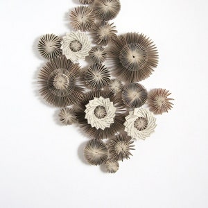 Recycled Book Paper Cogs Sculpture - Grey Modern Art Installation - Paper Star Constellation Wall Appliques