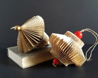 Hanging Book Paper Cog Ornament - Geometric Folded Book Sculpture - Recycled Book Paper Art