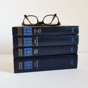 Set of 4 Charles Dickens Novels - Vintage Black Hardcover Book Collection - David Copperfield, Oliver Twist, Great Expectations & Tale...