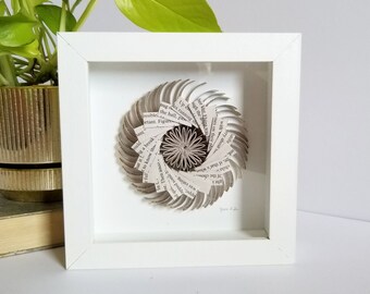 Framed Book Paper Cog Sculpture - 6 x 6" Framed Shadow Box Art - Folded Book Paper Art