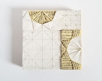 White Square Art Tile - Origami Book Paper Collage on 6x6" Wood Cradle Board - Mixed Media Minimalist Art