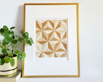 Gold Book Paper Collage Art - Geometric Hexagon Stars - Story Reconstructed No3b - Modern Gold Wall Decor