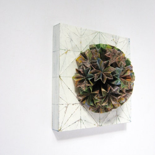 Origami Art Panel No10c retailer - Kusudama Globe Wall Sculpture - Mixed Media Map Paper Collage Art on 6x6