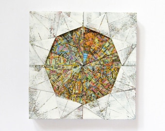 White Map Paper Collage Art - 6" Square Wood Tile - Origami Art Panel Wall Sculpture