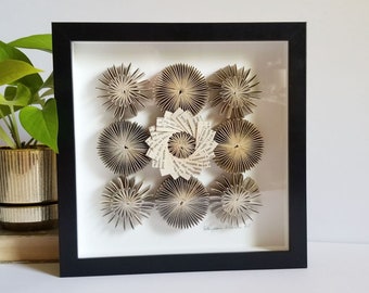 Framed Book Paper Cogs Sculpture - 10" Square Shadow Box Art