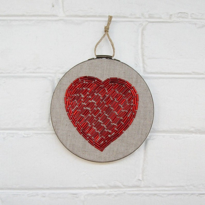 Beaded Red Heart Embroidery Hoop Wall Art Hand Stitched Embroidered Fiber Art Love Wall Decor image 9