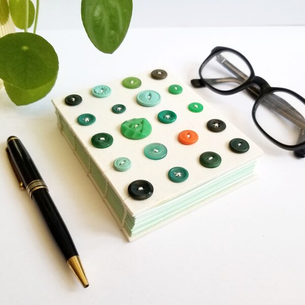 Blank Art Journal w Green Polka Dot Cover - Coptic Stitched Modern Art Book - Vintage Green Button Art - 240 Page Journal