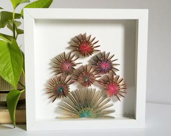 Colorful Flower Bouquet - Folded Book Paper Sculpture - 8.75" Square White Shadow Box Framed Art