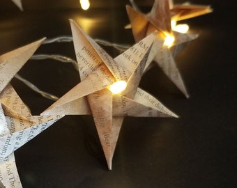 Book Paper Star Lights Garland - 6 Foot Strand of LED Lights on Timer w 10 Origami Star Ornaments