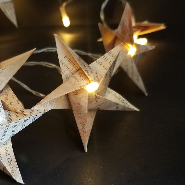 Book Paper Star Lights Garland - 6 Foot Strand of LED Lights on Timer w 10 Origami Star Ornaments