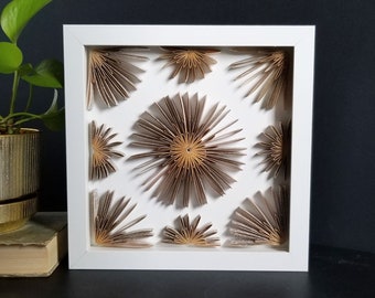 Folded Book Paper Art in 8.75" Square White Shadow Box Frame - Gold Paper Cogs Sculpture