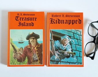 Robert Louis Stevenson Books - Treasure Island & Kidnapped - Vintage Orange Hardcover Book Set - Travel Adventure Stories