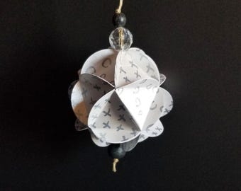 Geodesic Paper Ornament - 5.5" Sculptural Black & White X and O Painted Paper Ball Decoration