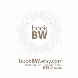 May include: A logo for bookBW.etsy.com, featuring the text "bookBW" in a circle with a sunburst design. The text "sculptural art + vintage books" is below the logo, along with social media icons and the text "@bookBW".