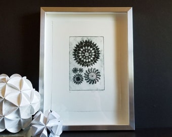 Starburst Medallions Etching Print - 13x17" Silver Framed Black and White Art - Fibonacci Spiral