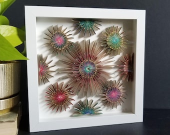 Folded Book Paper Flower Art – Colorful Cog Sculpture in White Shadow Box