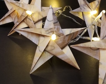Origami Star Lights Garland - 6 Foot Strand of LED Lights on Timer w 10 Paper Star Ornaments - Blue or Gold