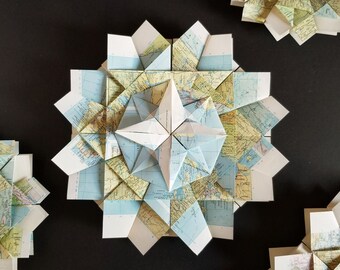 Origami Paper Wall Sculpture - 10" Map Paper Wreath - Compass Rose Art - World Travel Decor