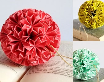 Paper Ball of Stars Ornament - Origami Kusudama Paper Ball Decoration - Citron Green or Coral Pink - Paper Star Sculpture