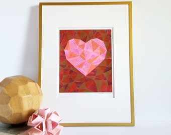 Pink Geometric Heart Art - Book Paper Collage Art - Story Reconstructed No29 - Fluorescent Pink Wall Decor