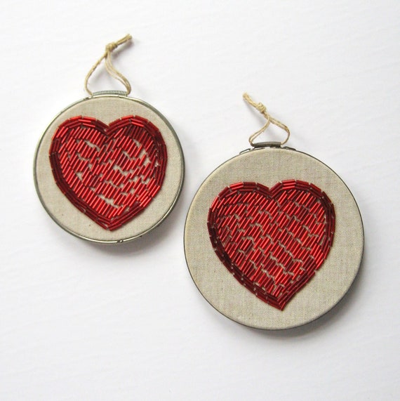 Beaded Red Heart Embroidery Hoop Art - Hand Stitched Romantic Love Wall Decor