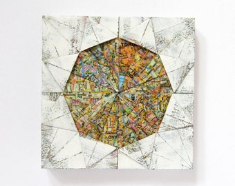 Origami Art Panel No10a - White Map Paper Collage Art - 6 x 6" Square Wood Map Art Tile - Wall Sculpture - World Travel Decor