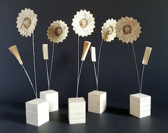 Paper Cog Flower - Recycled Book Paper Art Sculpture on Wood Block Base