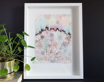 Flower Garden Landscape Drawing - 13x17" White Framed Original Abstract Art - Colorful Ink Chromatography Art