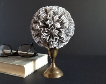 Paper Ball of Stars Sculpture - Origami Kusudama Ball on Brass Pedestal - Recycled Book Paper Art